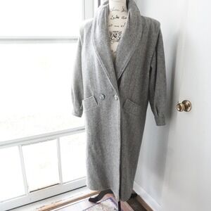 VTG 80s Herringbone Wool Blend Long Coat Shawl Collar Women Outerwear PuffSleeve